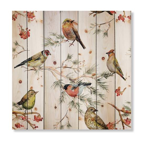 Designart - Forest Birds On Branches - Traditional Print on Natural Pine Wood